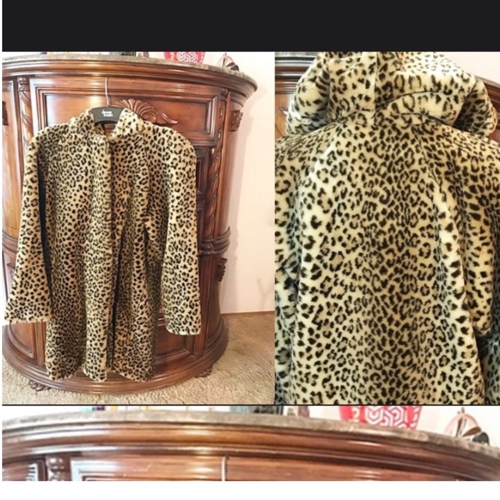 Dennis Basso‎ Faux Fur Leopard Print Hooded Coat Oversized Small